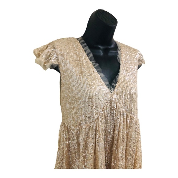 Gold shimmery sequin lace trim v-neck babydoll swing tent dress size medium new - Picture 15 of 16
